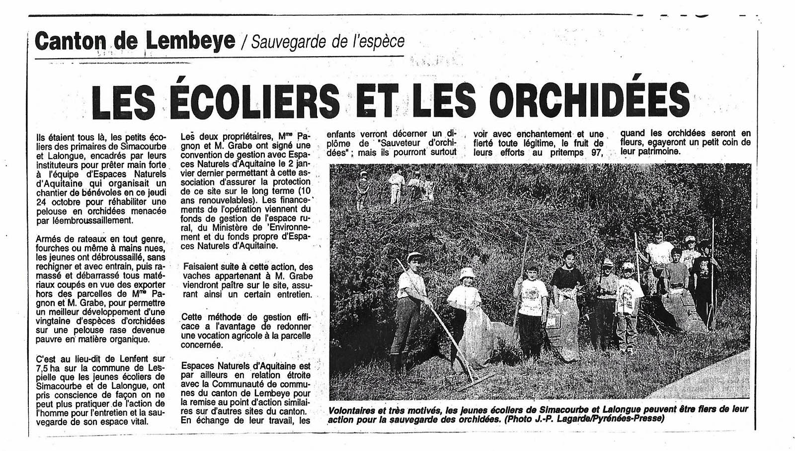 Article du journal de la République des Pyrénées pour la rénovation des pelouses à orchidées du 26 octobre 1996